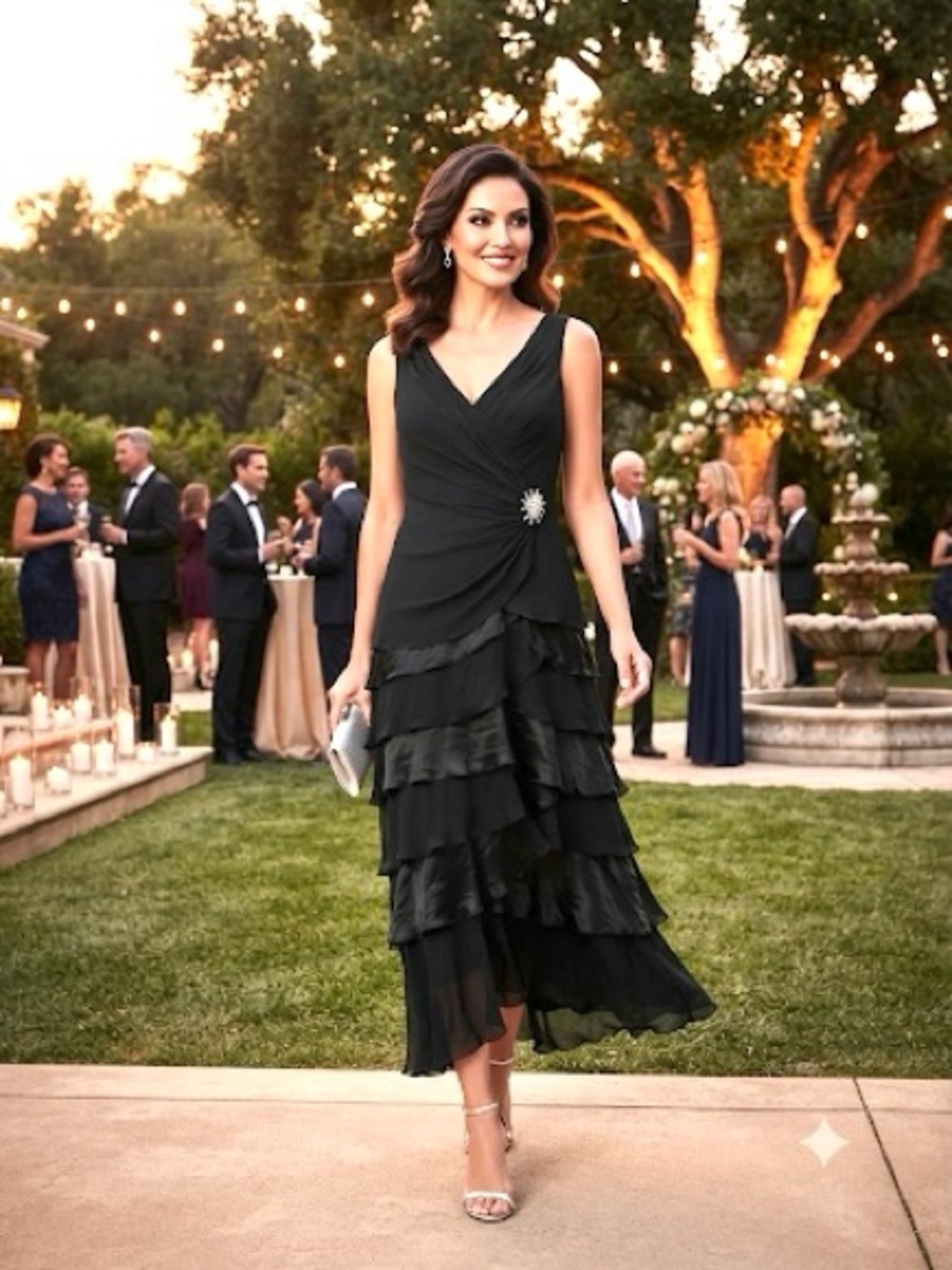 Tadashi Vintagr silk Black V-Neck Tiered Ruffle Maxi Dress with Brooch Detail
